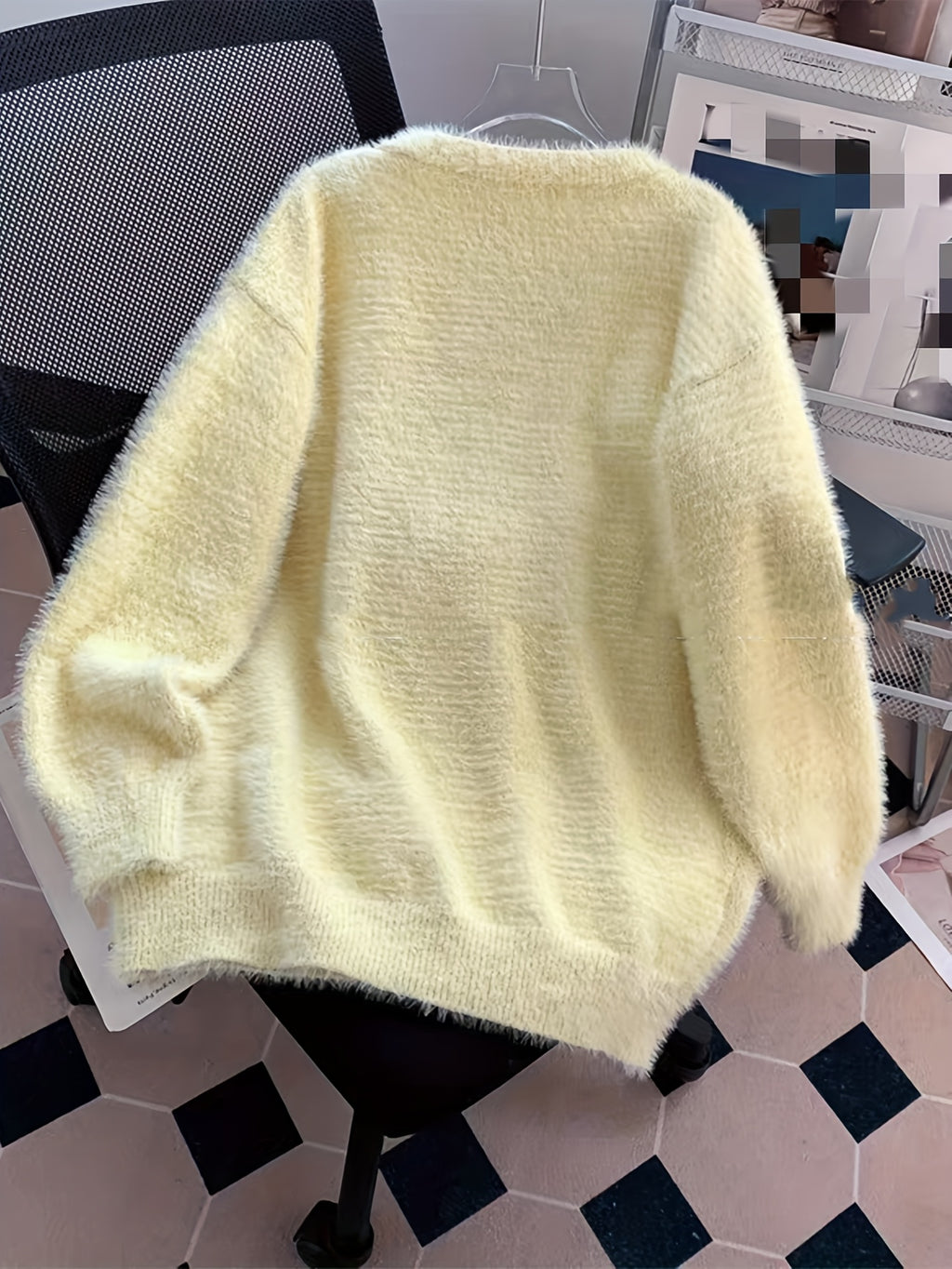 Soft Fluffy V-Neck Sweater Sweater with Lamb Appliqué