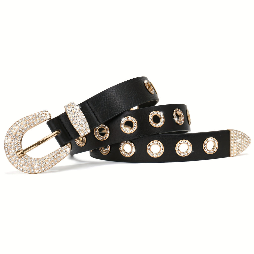 Faux Leather Belt with Studded Rhinestone Grommets