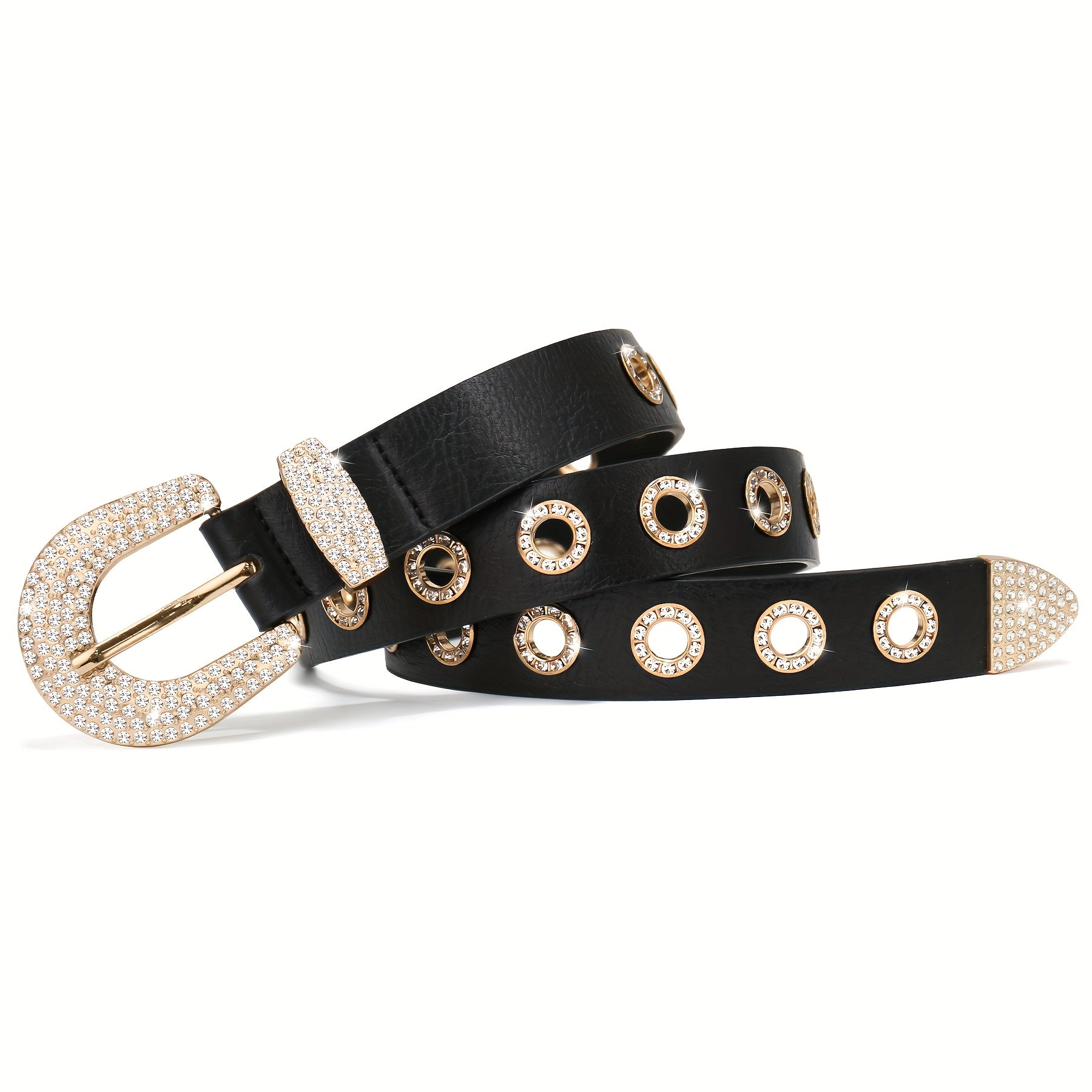 Faux Leather Belt with Studded Rhinestone Grommets