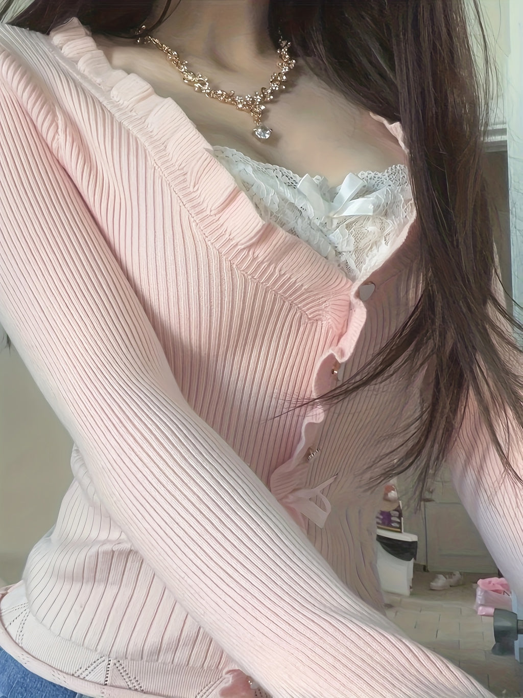 V-Neck Top with Contrast Lace Trim & Bow Detail