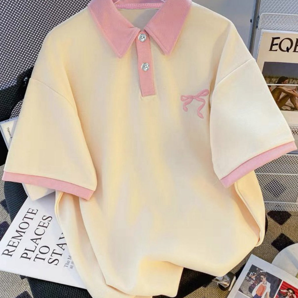 Pink Bow Embroidered Polo Shirt