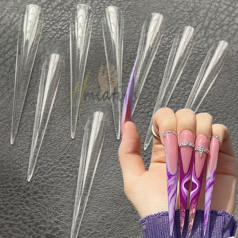 5Xl Long Full-Cover Nail Tips, Long Teardrop Shaped Nails, Transparent Salon Pointed Nails with 60pcs