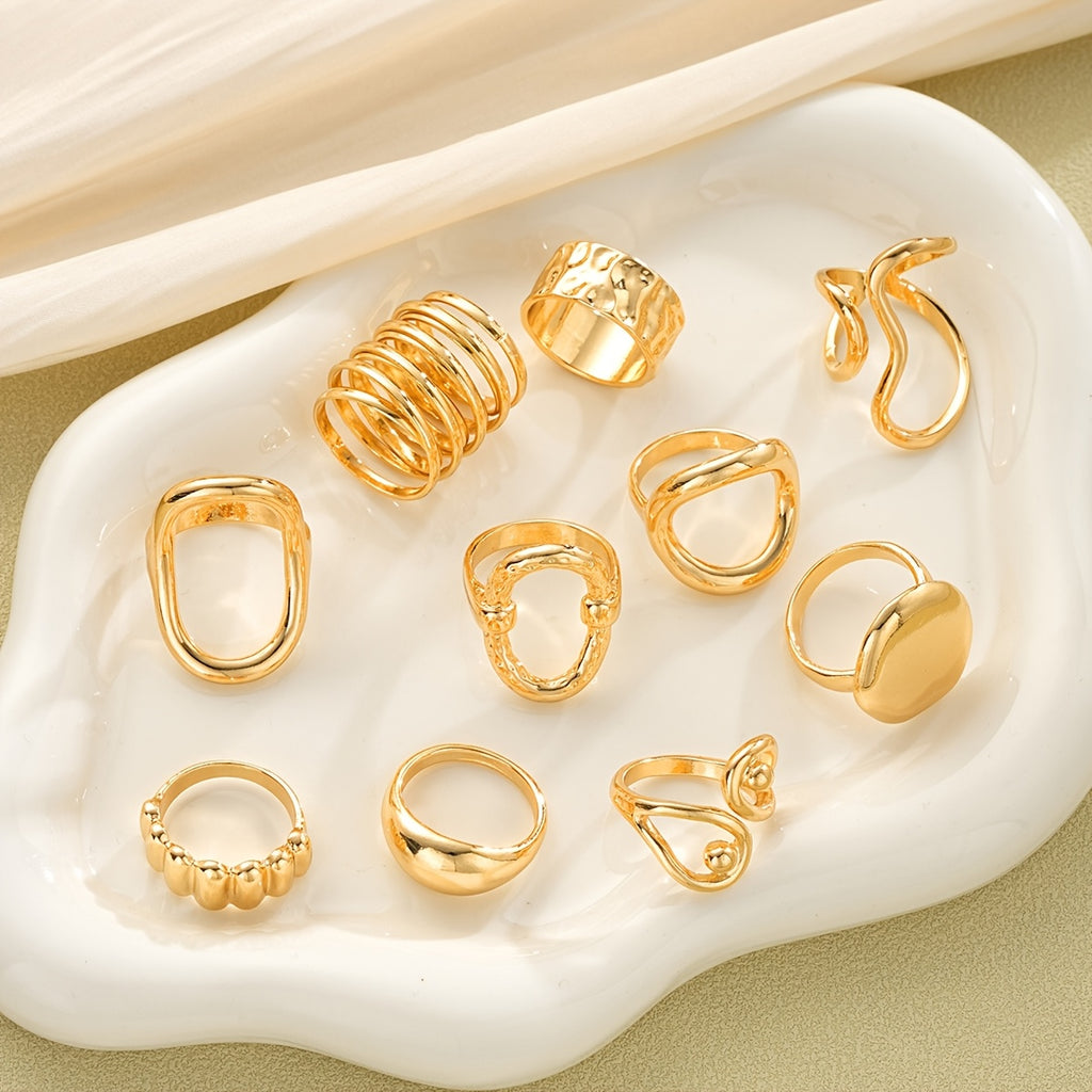{10pcs} Geometric Pattern Hollow Wide Band Rings