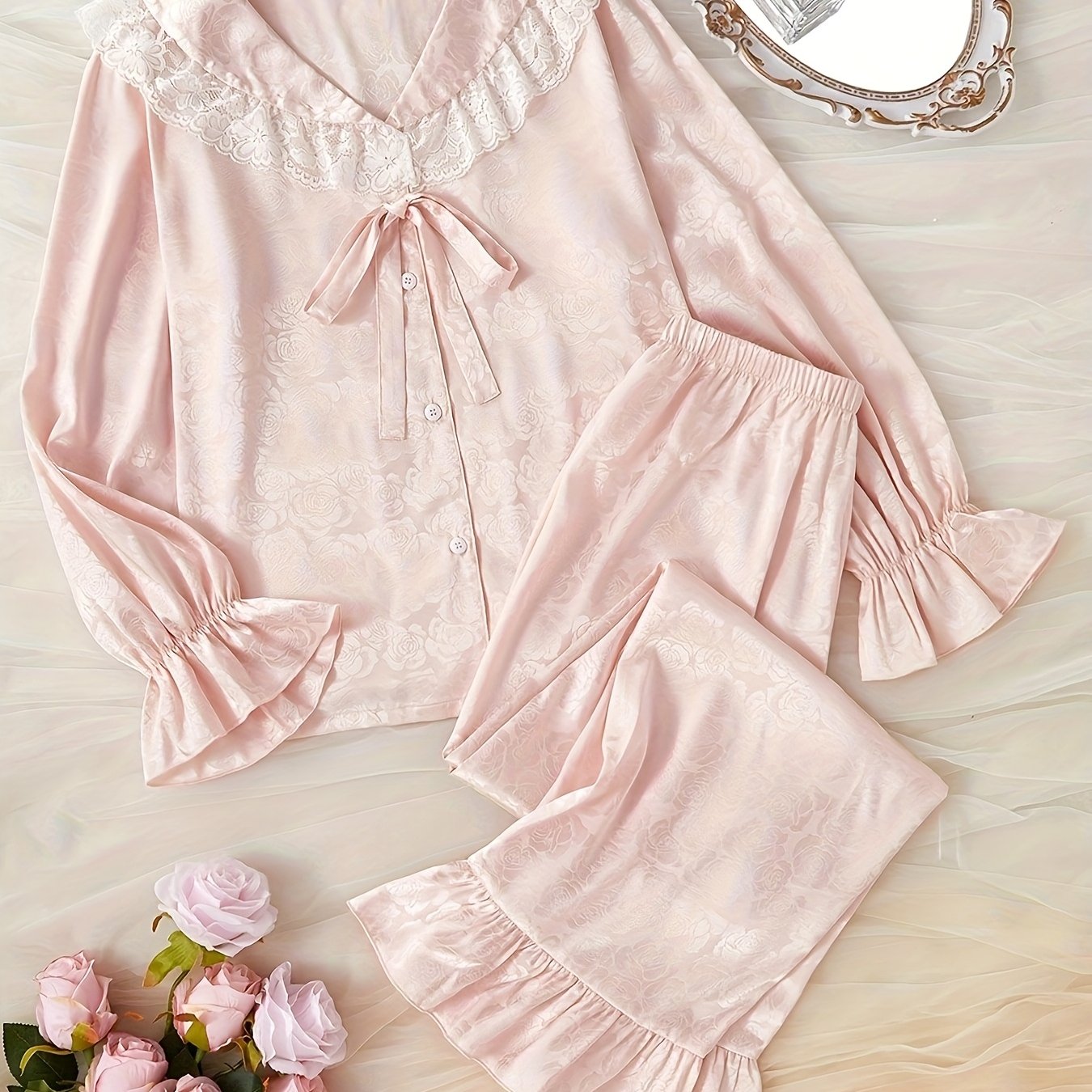 Jacquard Texture Color Block Soft Lace Pajama Set