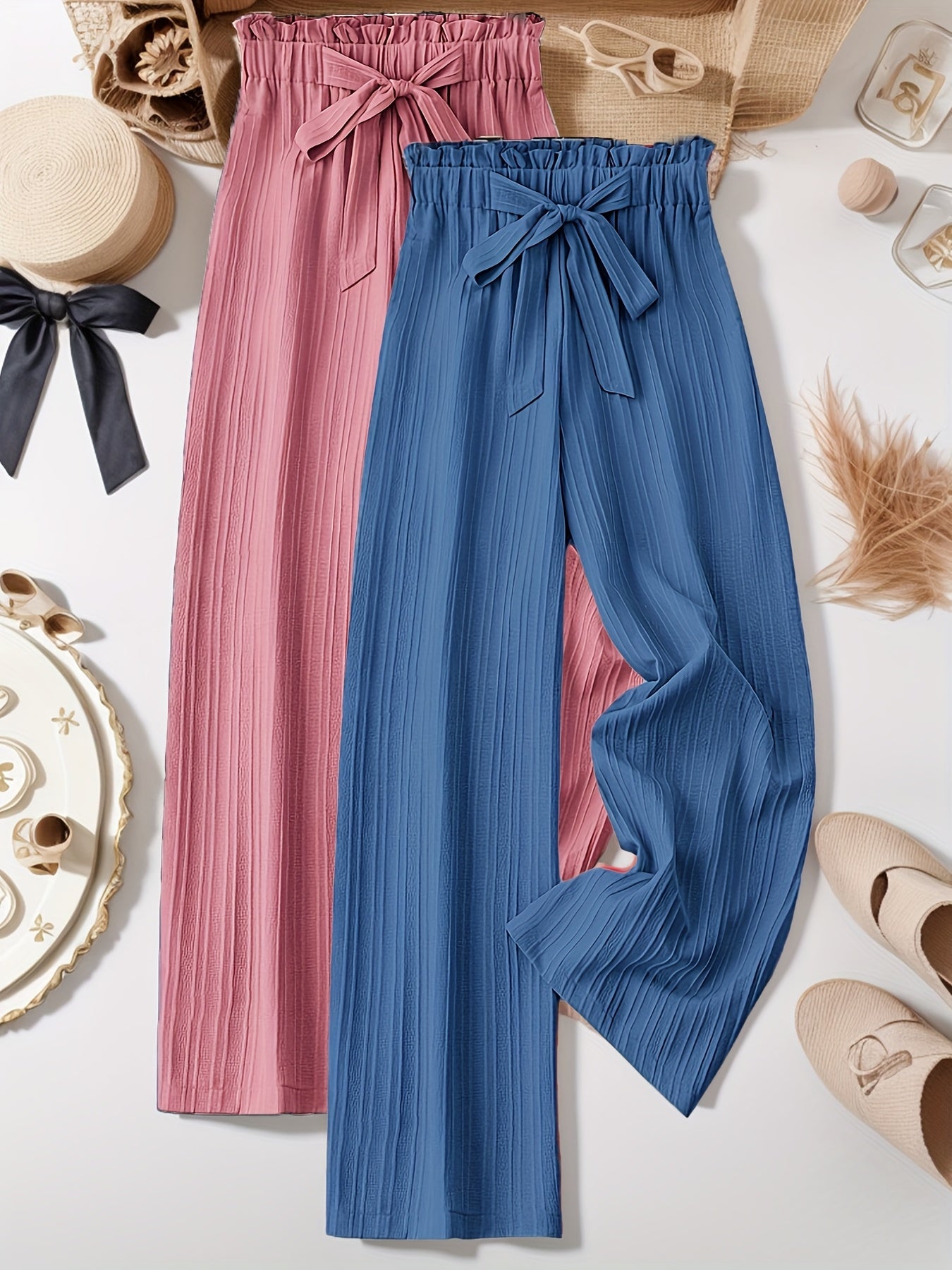 Two-Pack Pleated Striped Pants with Bow Detail