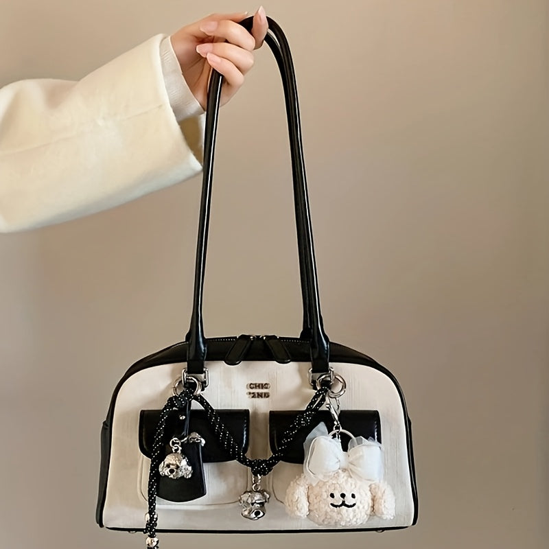 Boston Bag with Black & Beige Design