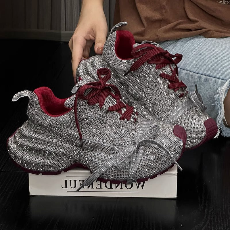 Rhinestone-Adorned Thick-Soled Dad Sneakers