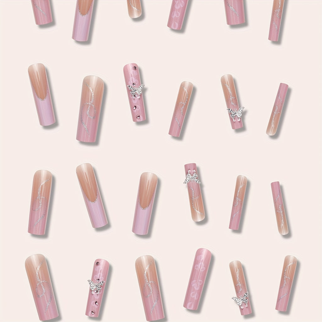 {24pcs} Extra-Long Coffin French & Ombre & Floral Pattern 3D Butterfly Rhinestone Full Cover Glossy Fake Nails