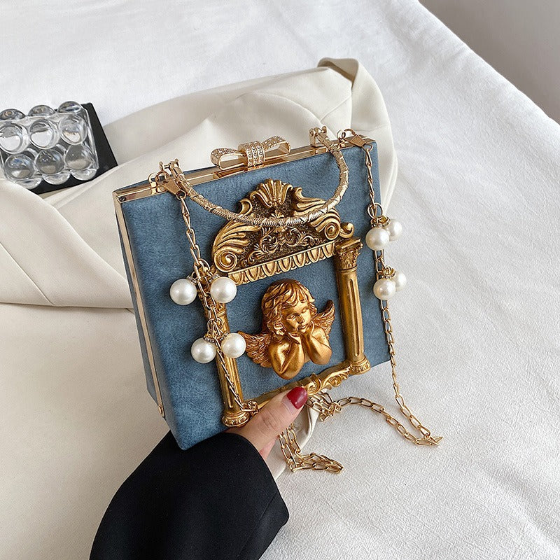 Women'S Baroque Relief Angel & Floral Handbag - Vintage Ornate Chain Strap Shoulder Bag with Golden-Tone Hardware, Wrist Strap & Snap Closure, Durable Polyester in - Elegant Statement Piece for Everyday & Special Occasions