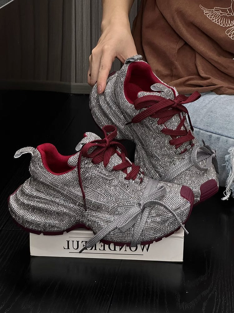 Rhinestone-Adorned Thick-Soled Dad Sneakers