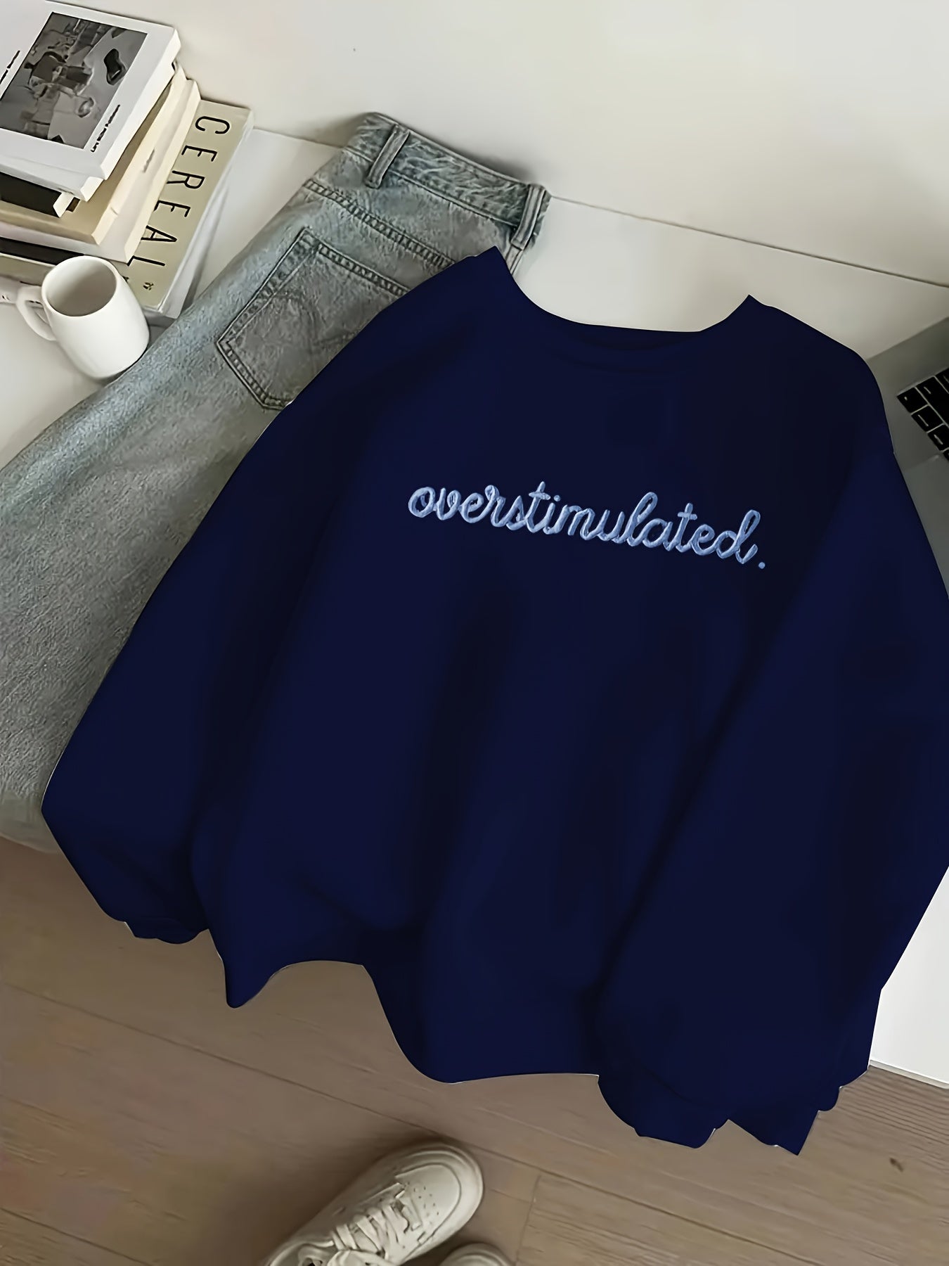 Women'S Sporty Casual Letter Print Crew Neck Sweatshirt - Cozy Fleece-Lined, Machine Washable, Black with "OVERSTIMULATED" Design, Perfect for Fall/Winter, Casual Sportswear | Relaxed Fit Sweatshirt | Machine Washable Top, Sw