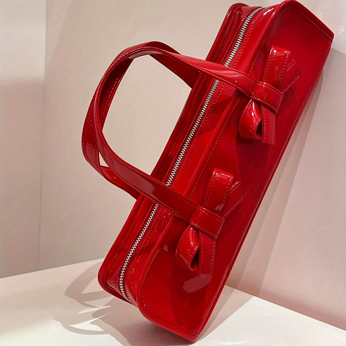 Glossy Bow-Adorned Handbag