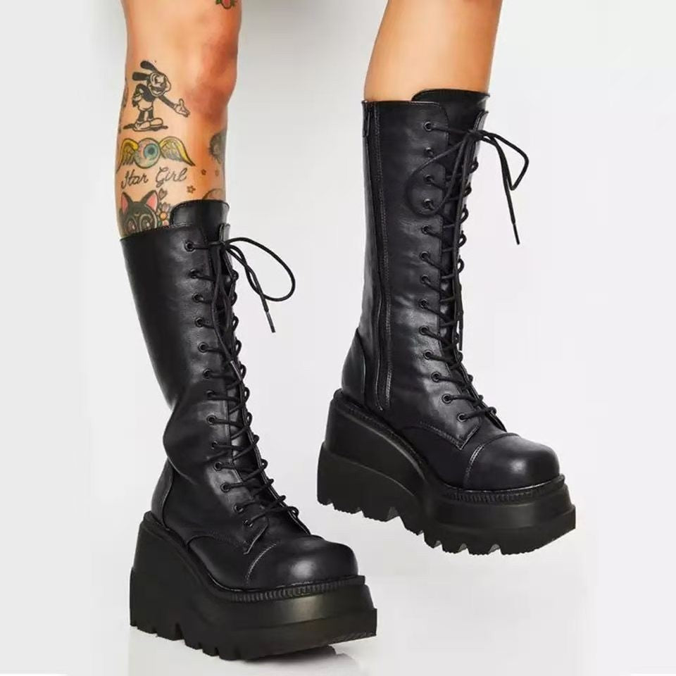 Punk Gothic Chunky Platform Boots with Butterfly Lace-Up Ankle & Calf Straps