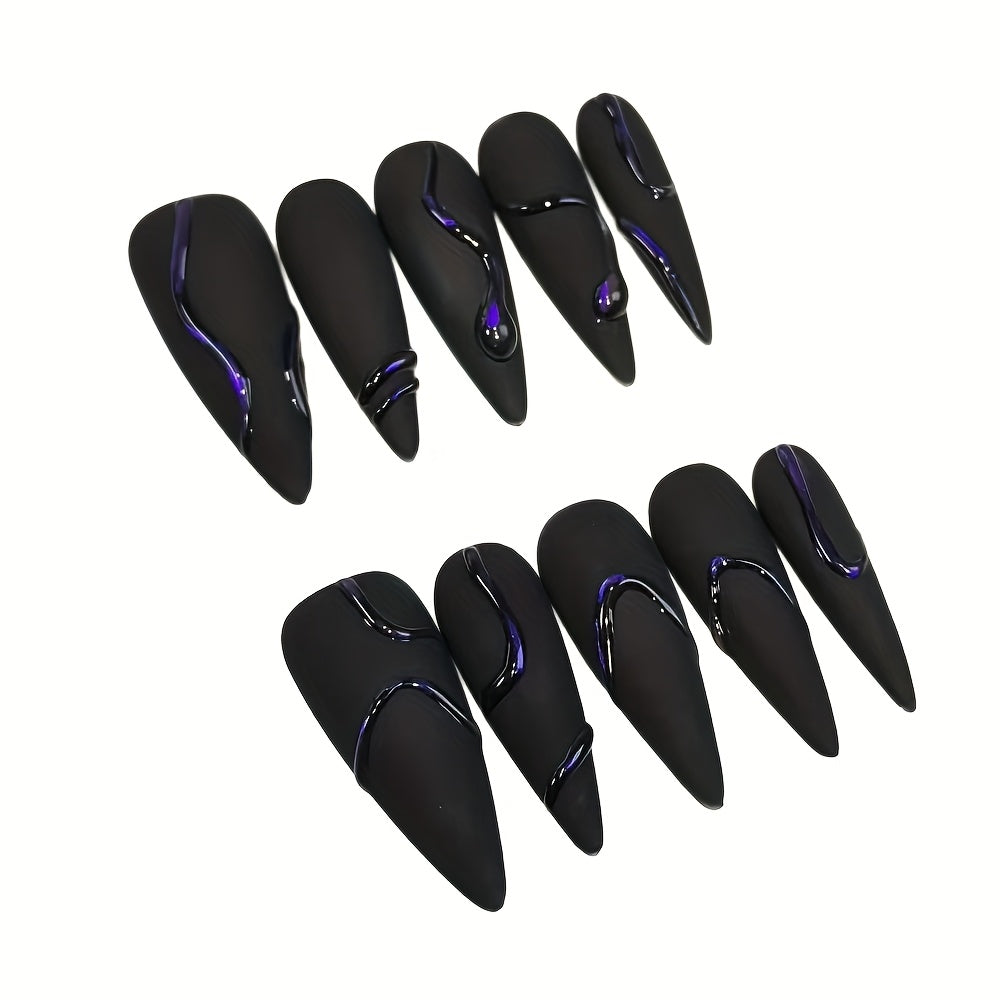 10pcs Handmade Press-On Nails - Black Matte Finish with 3D Purple Snake Design