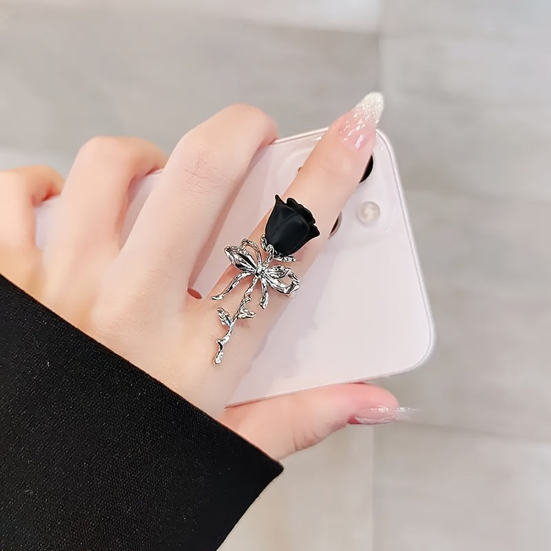 Adjustable Rose Ring with Red Rose & Bow Accent