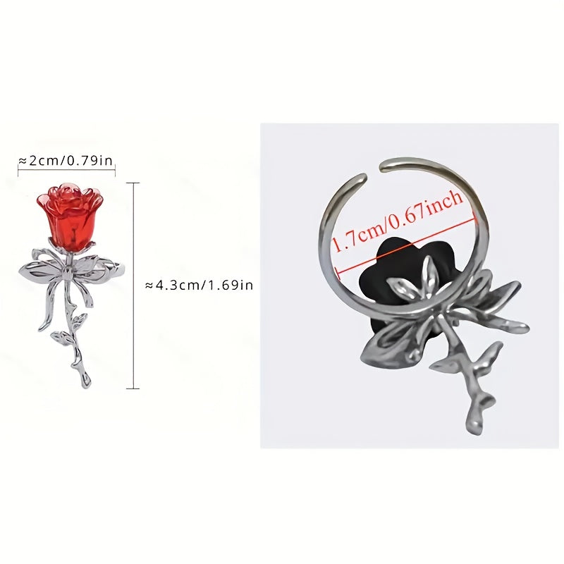 Adjustable Rose Ring with Red Rose & Bow Accent