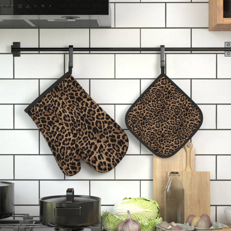 {2pcs} Heat-Resistant Oven Mitts & Pot Holders - Leopard Print Kitchen Gloves