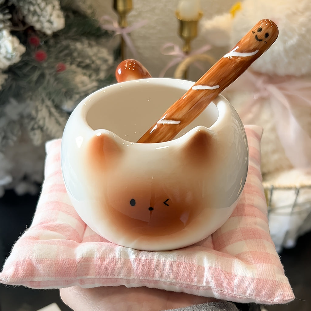{1/2pcs} Cat-shaped Ceramic Mug, with a Bread-shaped Stirring Stick