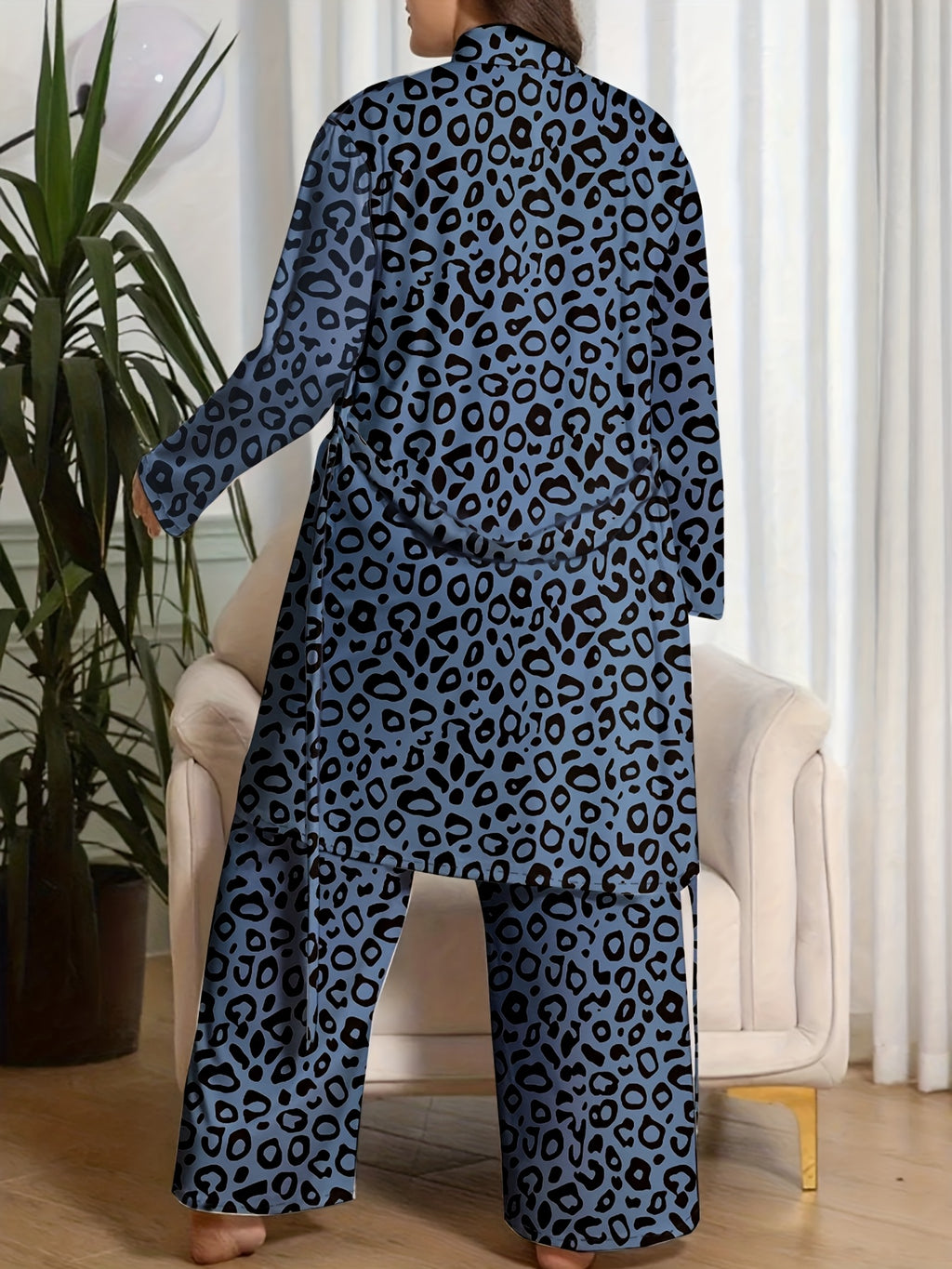 Leopard Print Pajama Set with Robe and Pants
