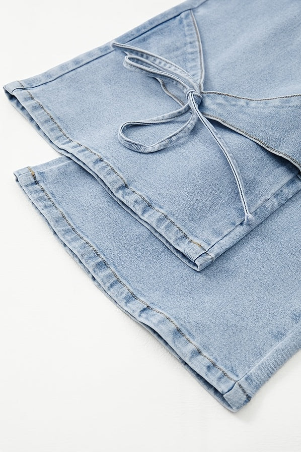 Denim Curved Bow Side Pocket Straight Trousers