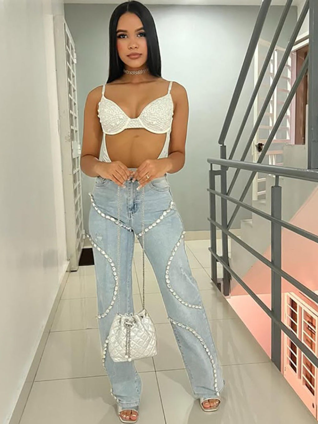 Rhinestone-Embellished Straight-Leg Jeans