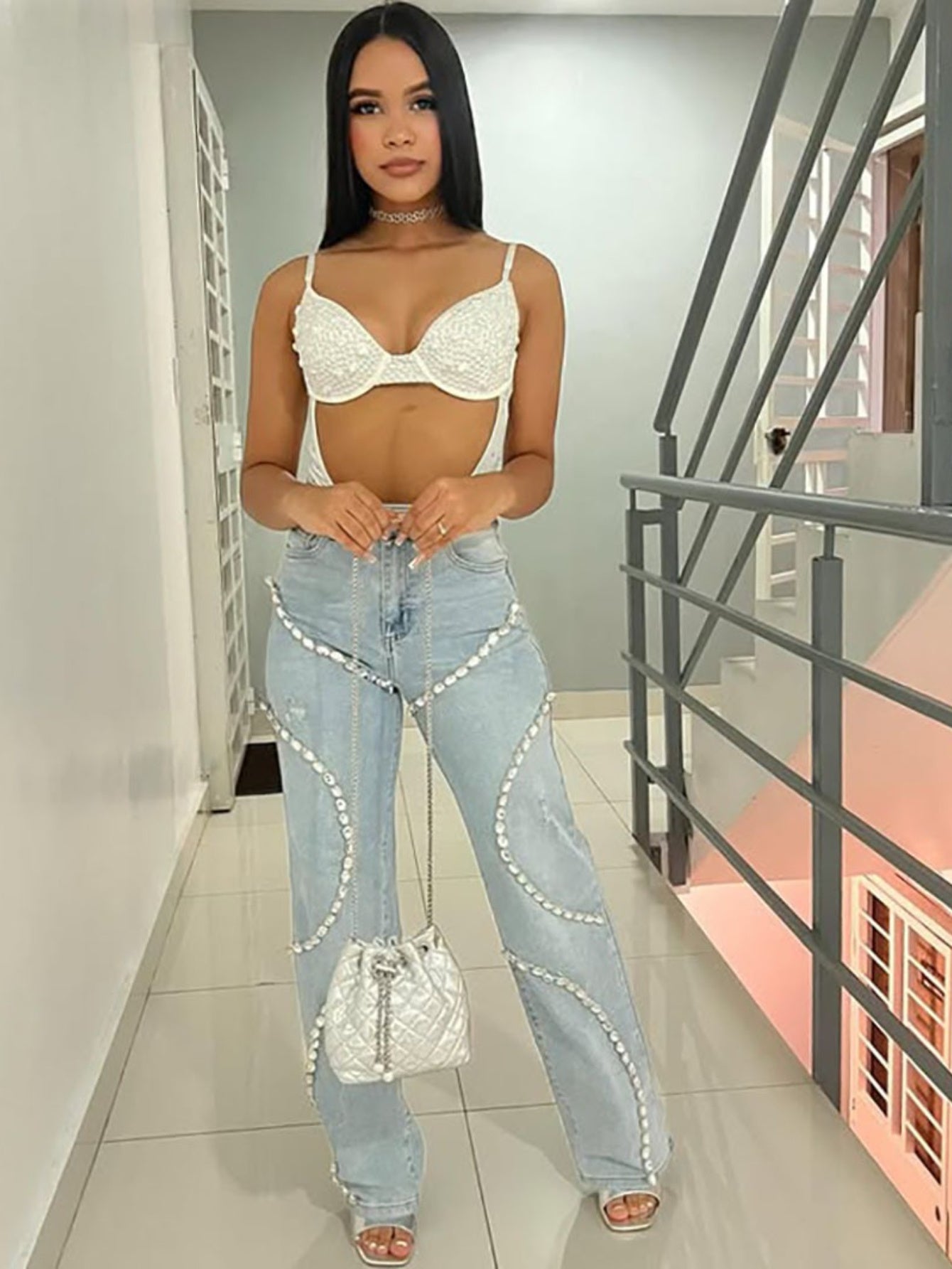 Rhinestone-Embellished Straight-Leg Jeans