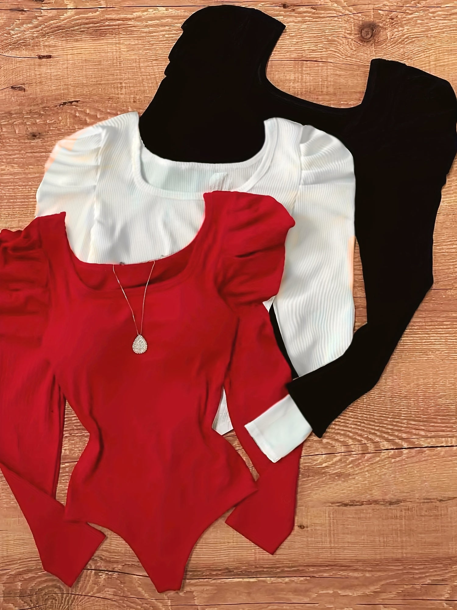 {3pcs} Long Sleeve Bodysuit with Puff Sleeves & Large Round Neck Bodysuit
