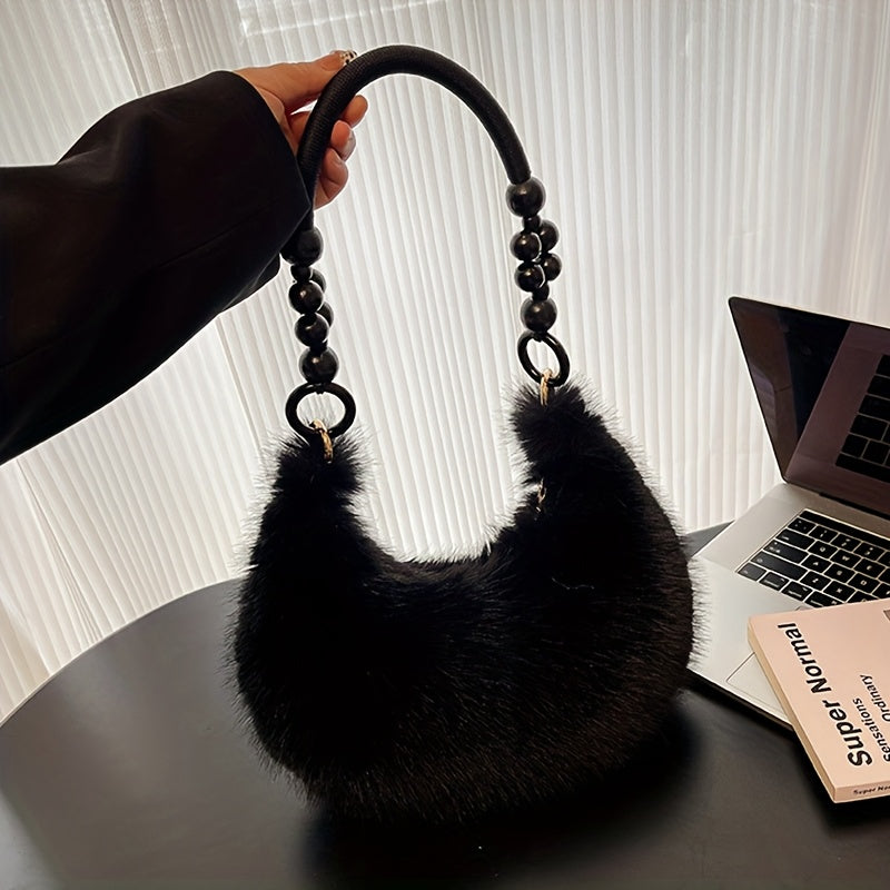 Women'S Plush Faux Fur Handbag with Wooden Handles - Soft Beige & Brown, Zipper Closure, Perfect for Fall/Winter, Casual & Commuting, Versatile for Everyday Use, Casual Carryall | Plush Faux Fur Bag | Zipper Closure Bag