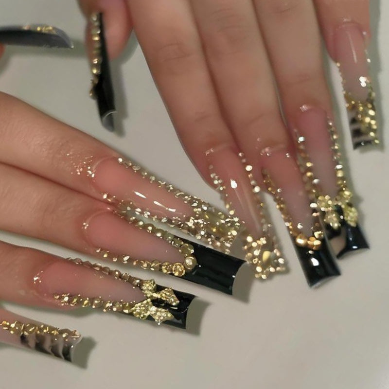 24pcs Long Square Press On Nails Black Nail Tips Fake Nails XXL/XXXL Long Square with 3D Black Bowknot & Golden Rhinestone Luxurious Style for Women Nails Art