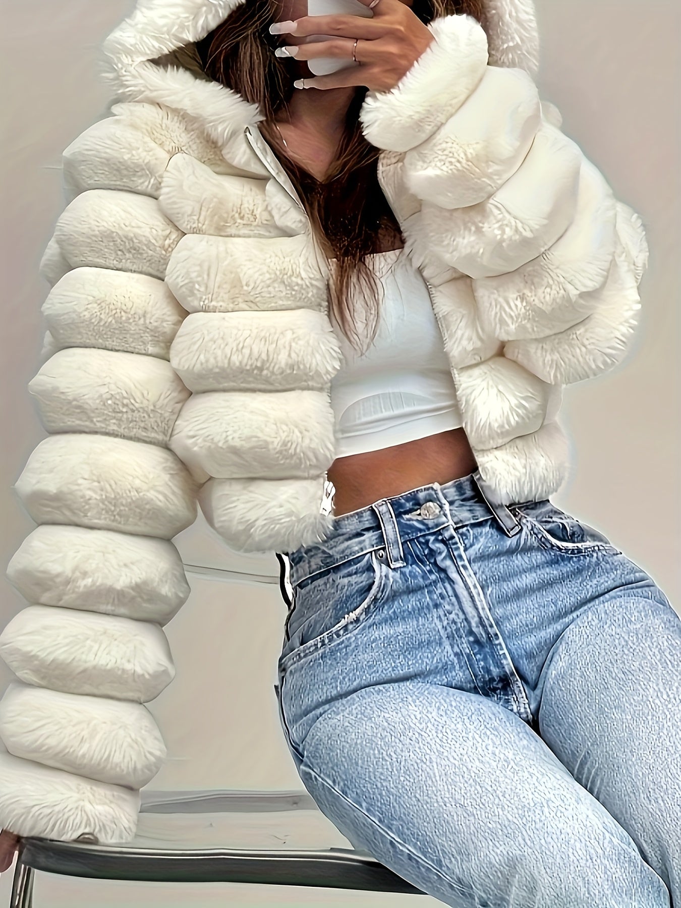 Women'S Elegant White Faux Fur Hooded Jacket - Zip-Up Mid-Length Winter Coat with Puffy Sleeves, Perfect for Fall & Winter, Stylish Layering Piece, Winter Coat