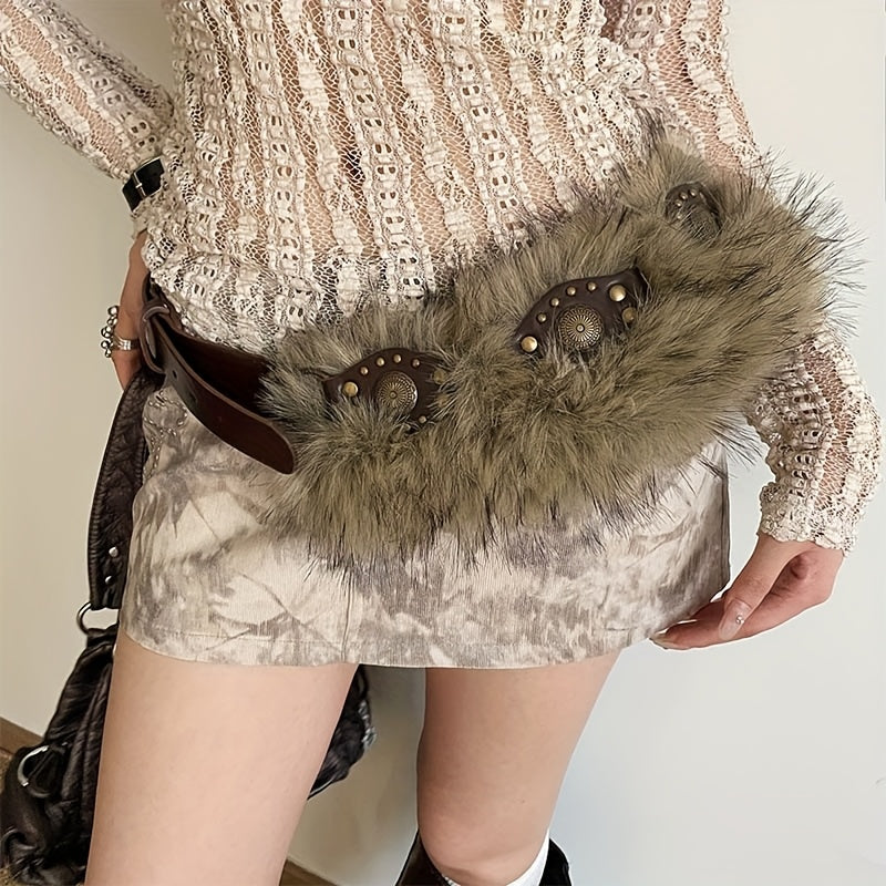 PU Belt - Coffee Brown With Fluffy Fur Accent