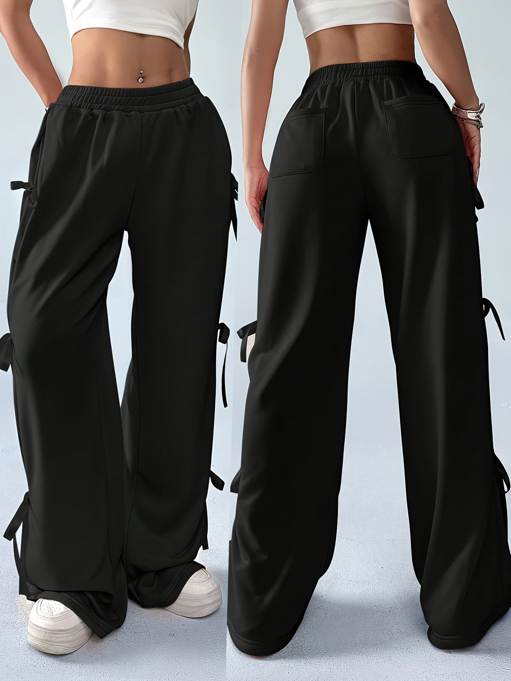 Elegant Side Bow Tie Straps & Back Pockets Stretchy Loose Straight Leg Pants