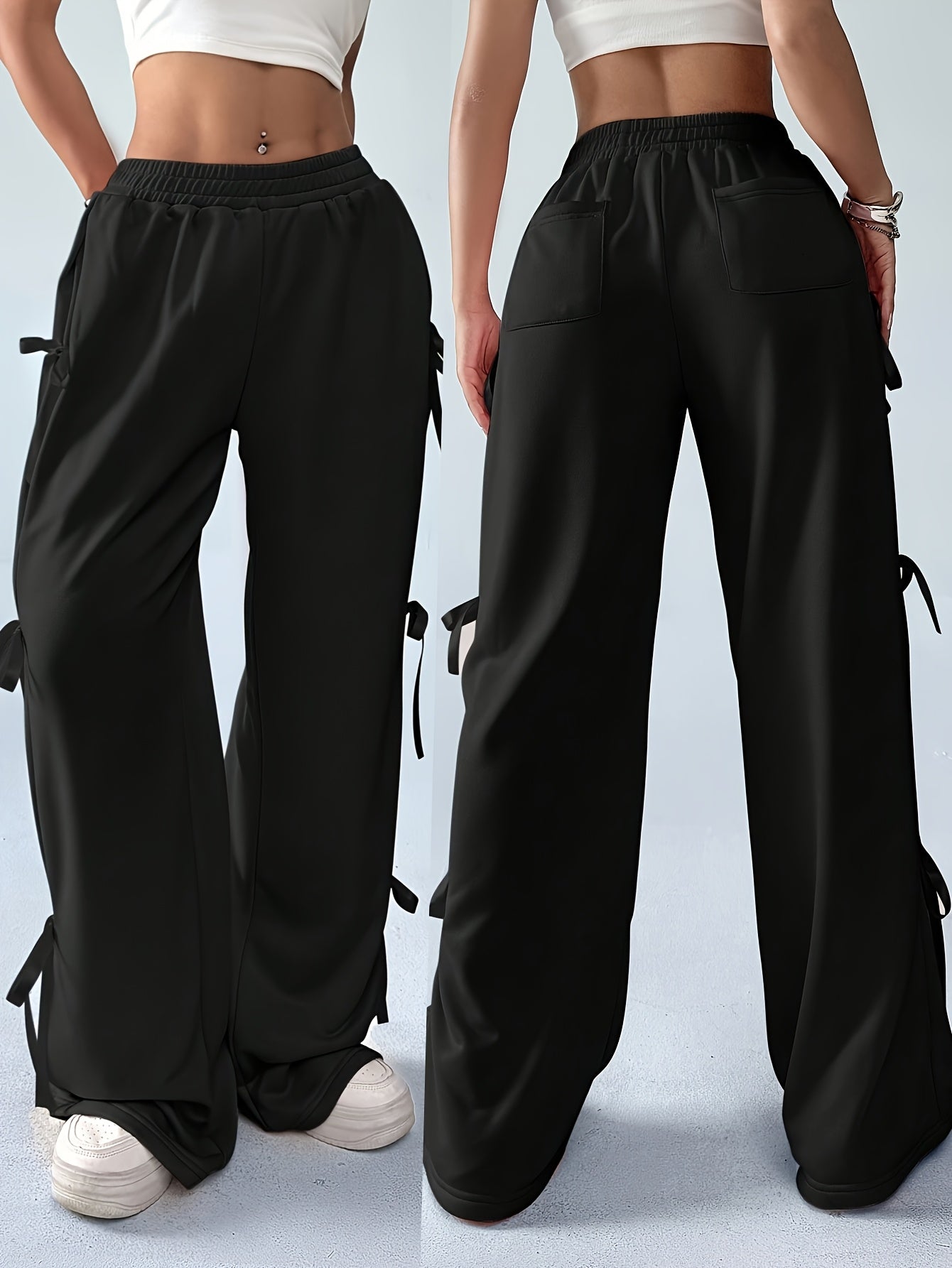 Elegant Side Bow Tie Straps & Back Pockets Stretchy Loose Straight Leg Pants
