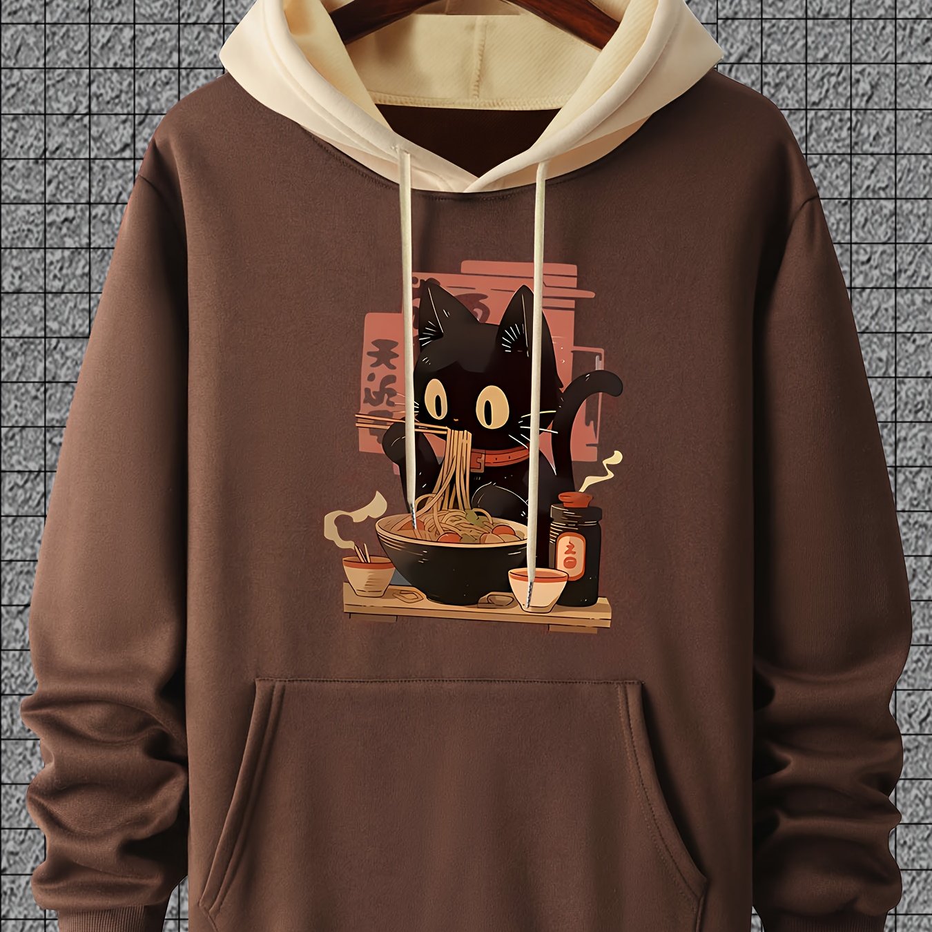 Casual Polyester Hoodie with Black Cat Eating Ramen Print