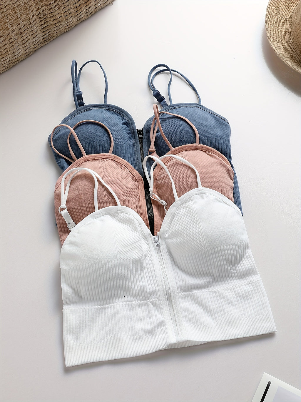 {3pcs} Basic Front-Zip Round Cup Casual Cami Tank Tops