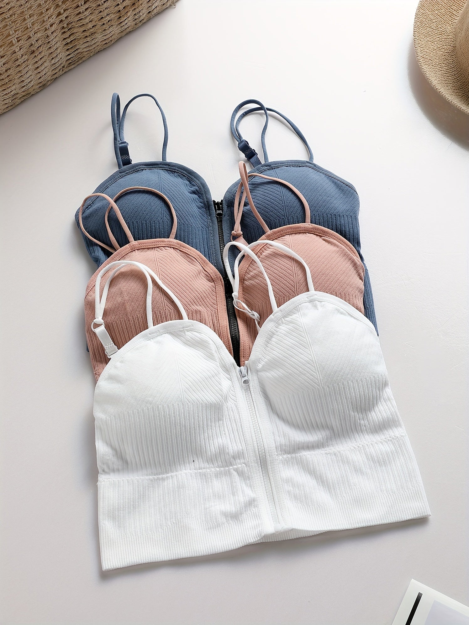 {3pcs} Basic Front-Zip Round Cup Casual Cami Tank Tops