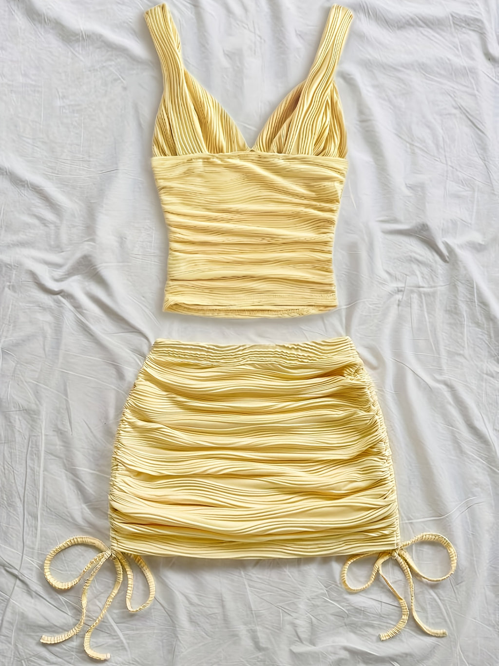 Women's Solid Color Pleated Vest and Drawstring Slim Skirt Set, Two-Piece