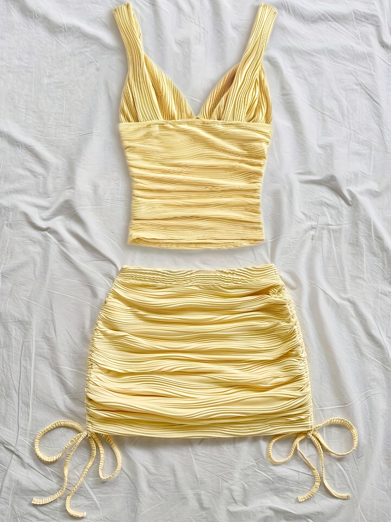 Women's Solid Color Pleated Vest and Drawstring Slim Skirt Set, Two-Piece