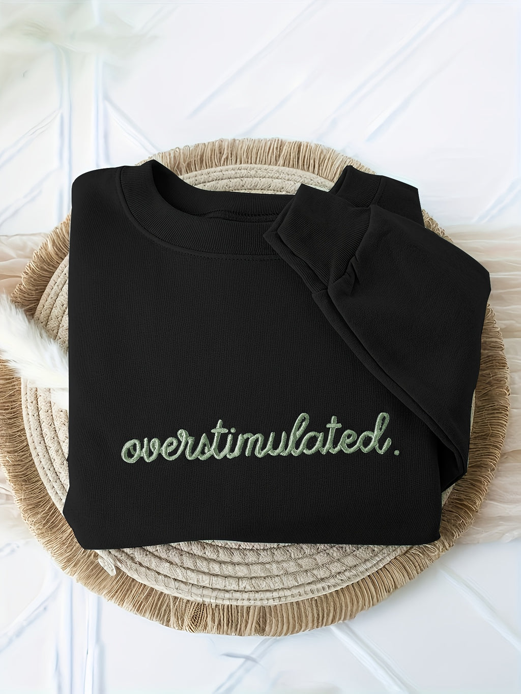 Women'S Sporty Casual Letter Print Crew Neck Sweatshirt - Cozy Fleece-Lined, Machine Washable, Black with "OVERSTIMULATED" Design, Perfect for Fall/Winter, Casual Sportswear | Relaxed Fit Sweatshirt | Machine Washable Top, Sw