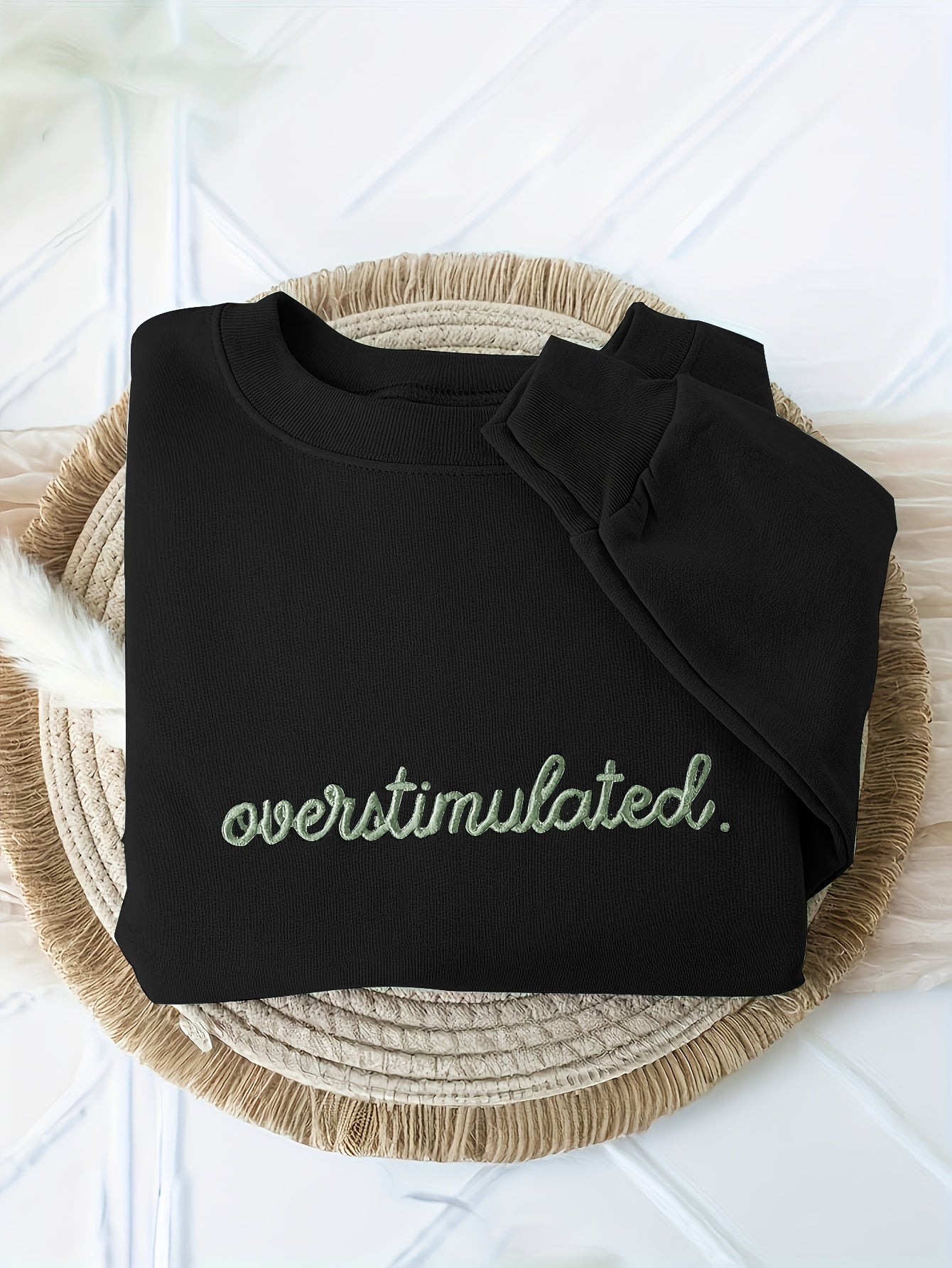 Women'S Sporty Casual Letter Print Crew Neck Sweatshirt - Cozy Fleece-Lined, Machine Washable, Black with "OVERSTIMULATED" Design, Perfect for Fall/Winter, Casual Sportswear | Relaxed Fit Sweatshirt | Machine Washable Top, Sw