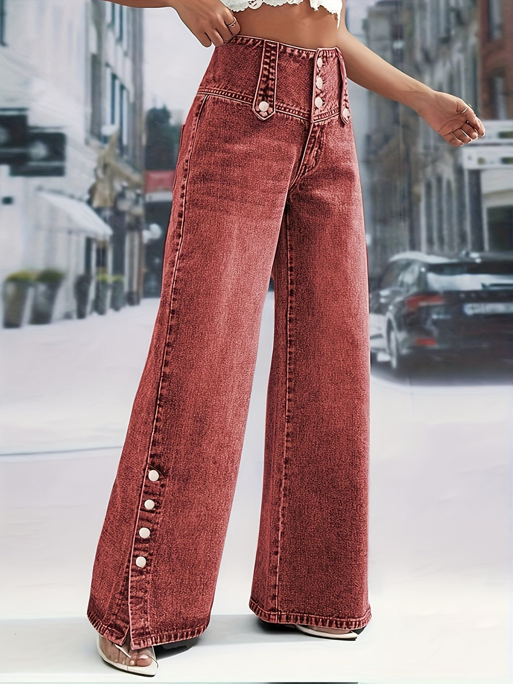High-Waisted Snowflake Denim Pants with Buckle & Snap Closure