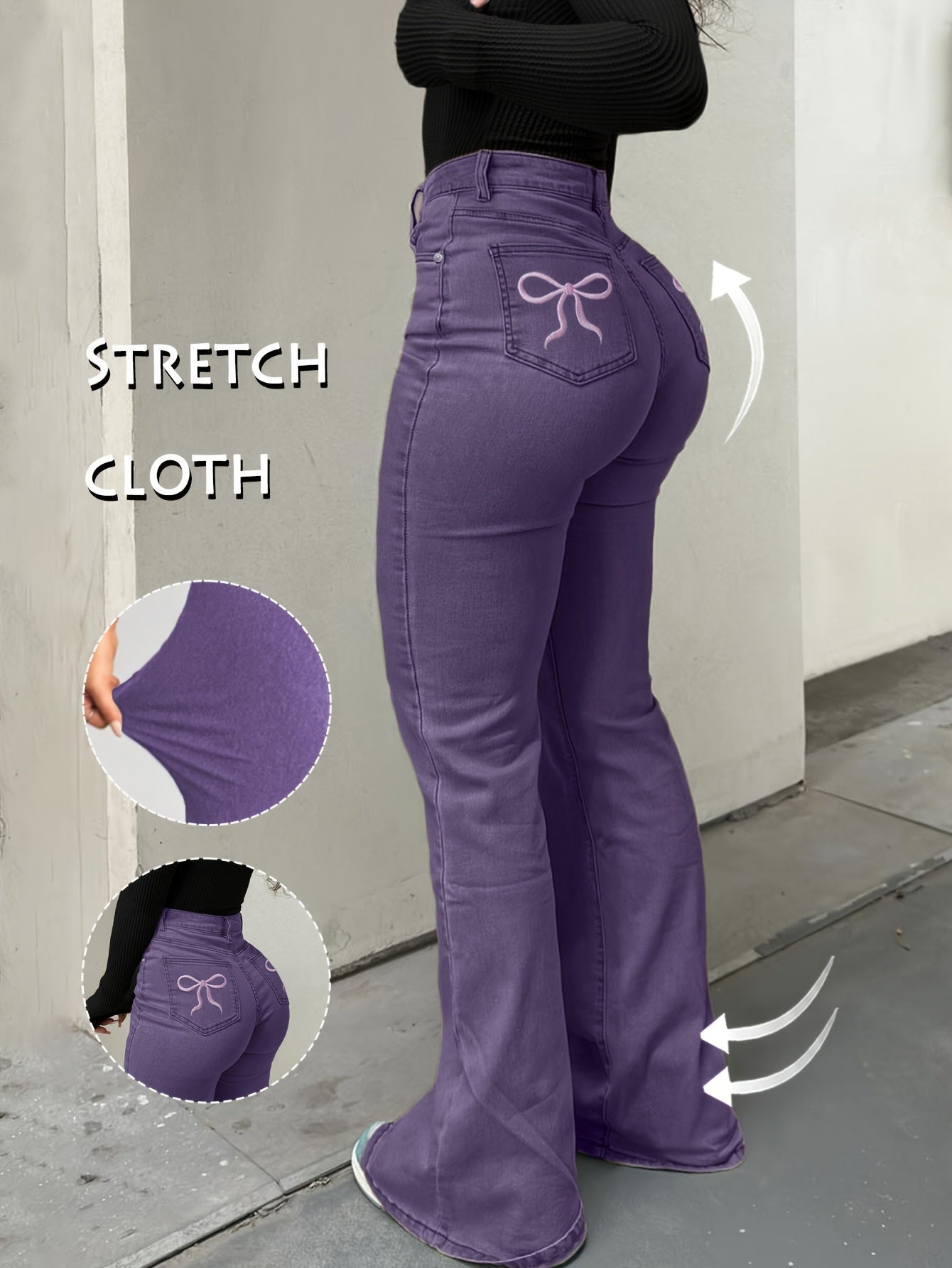 Women'S High-Waisted Stretch Denim Flare Jeans with Embroidered Bow Detail, Street Style Casual Pants, All-Season Comfort, Blue, High Waisted Jeans, Comfortable Fashion, Durable Fabric