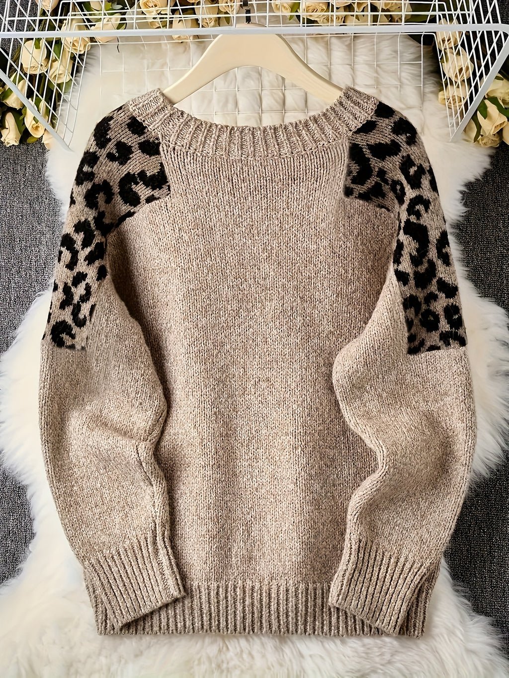 Oversized Beige & White Leopard Print (Brown/Black) Cable- Sweater