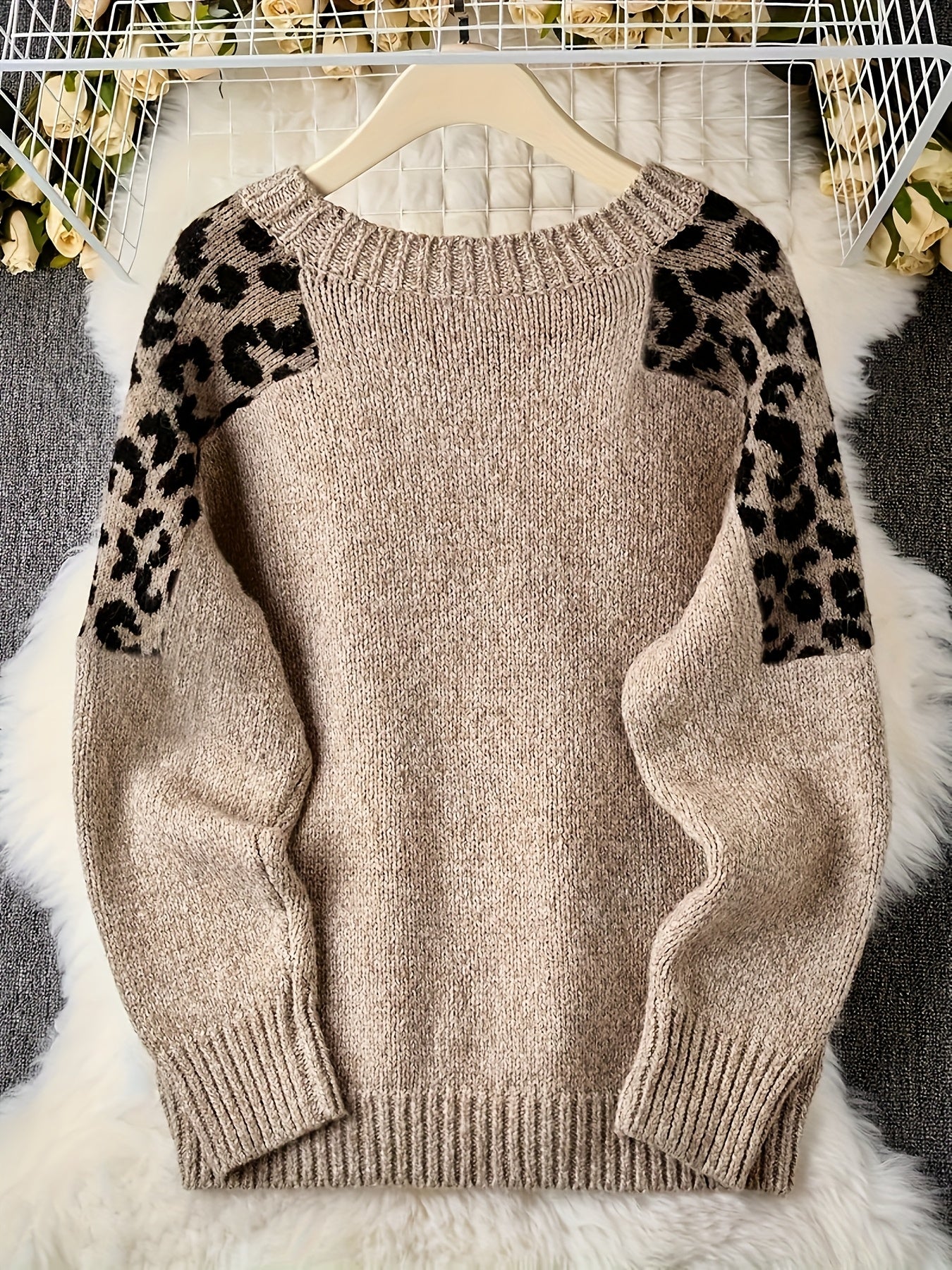 Oversized Beige & White Leopard Print (Brown/Black) Cable- Sweater