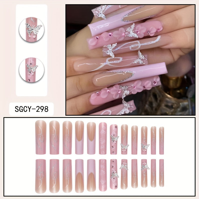{24pcs} Extra-Long Coffin French & Ombre & Floral Pattern 3D Butterfly Rhinestone Full Cover Glossy Fake Nails