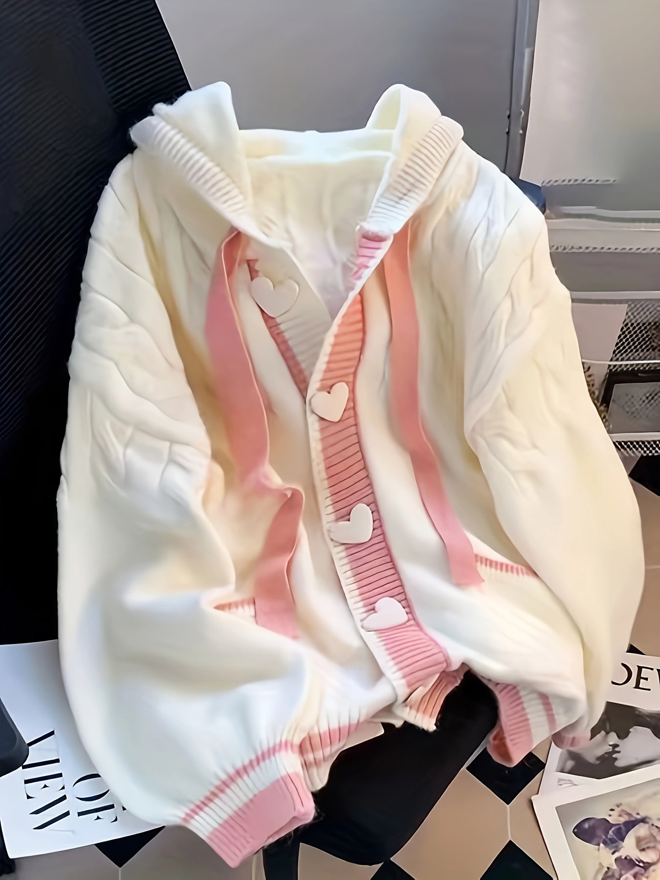 Women'S Hooded Cardigan - Pastel Pink & white colorblock Sweater, Button-Front Closure, Loose Fit Open Front Sweater for Fall/Winter, Everyday & Formal Outfits - Women'S Sweater Coat, Cardigan Sweater, Casual Layering Piece,