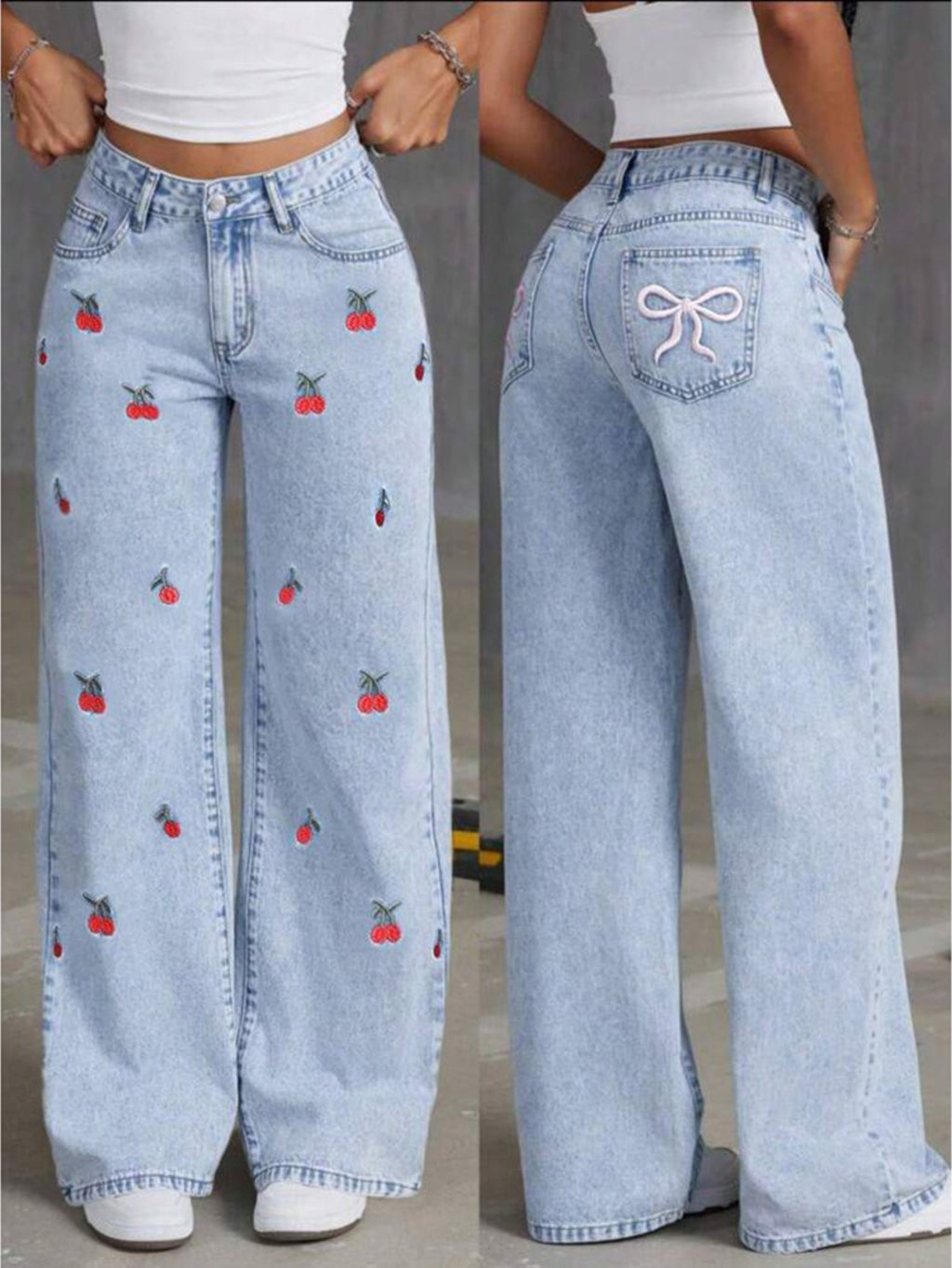Light Blue High - Waisted Wide - Leg Jeans. Two Styles: Bow Embroidery & Cherry Embroidery