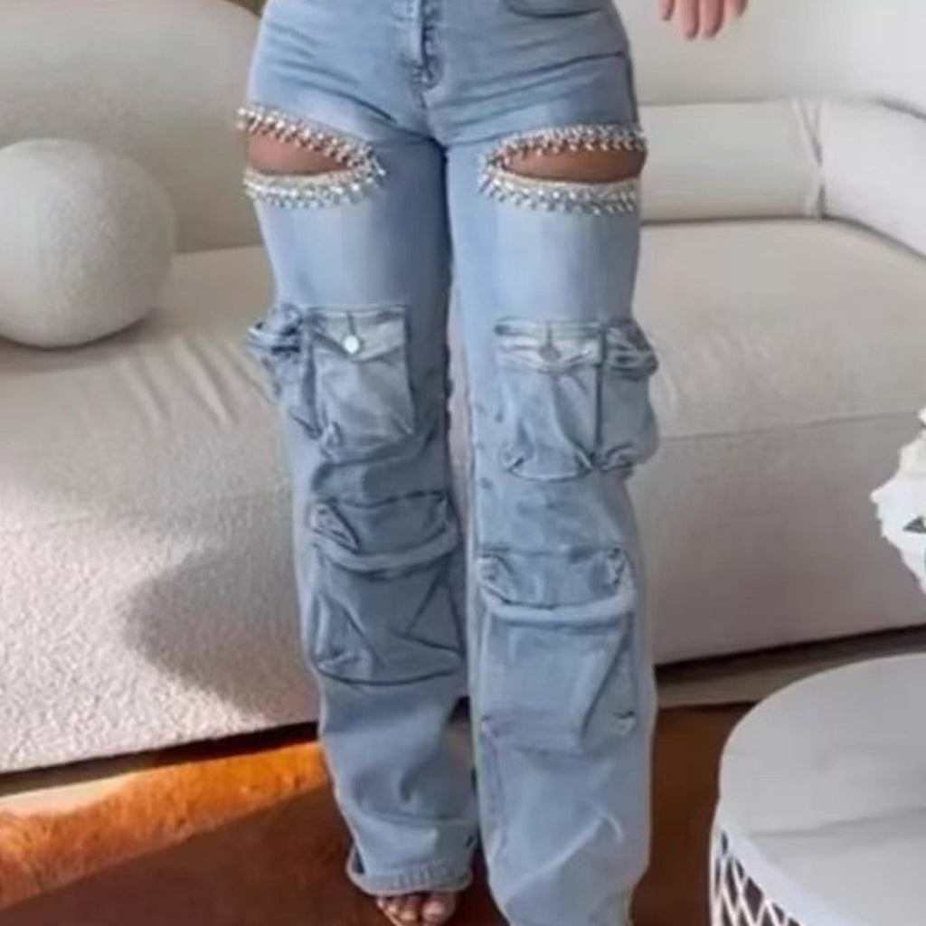 Slim-Fit Overalls Jeans with Hollow Diamond Embellishments & Multiple Pockets