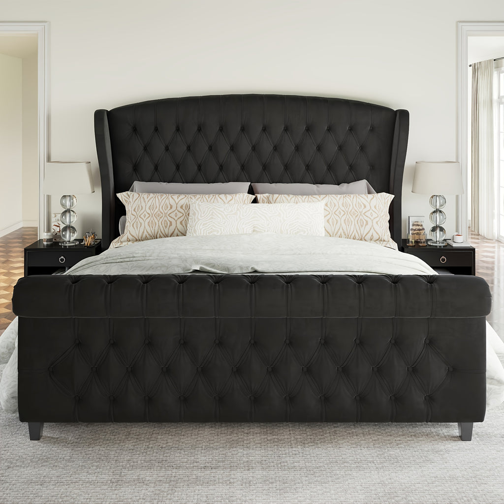 Queen Size Chenille Upholstered Platform Bed Frame with Scroll Wingback Headboard and Footboard