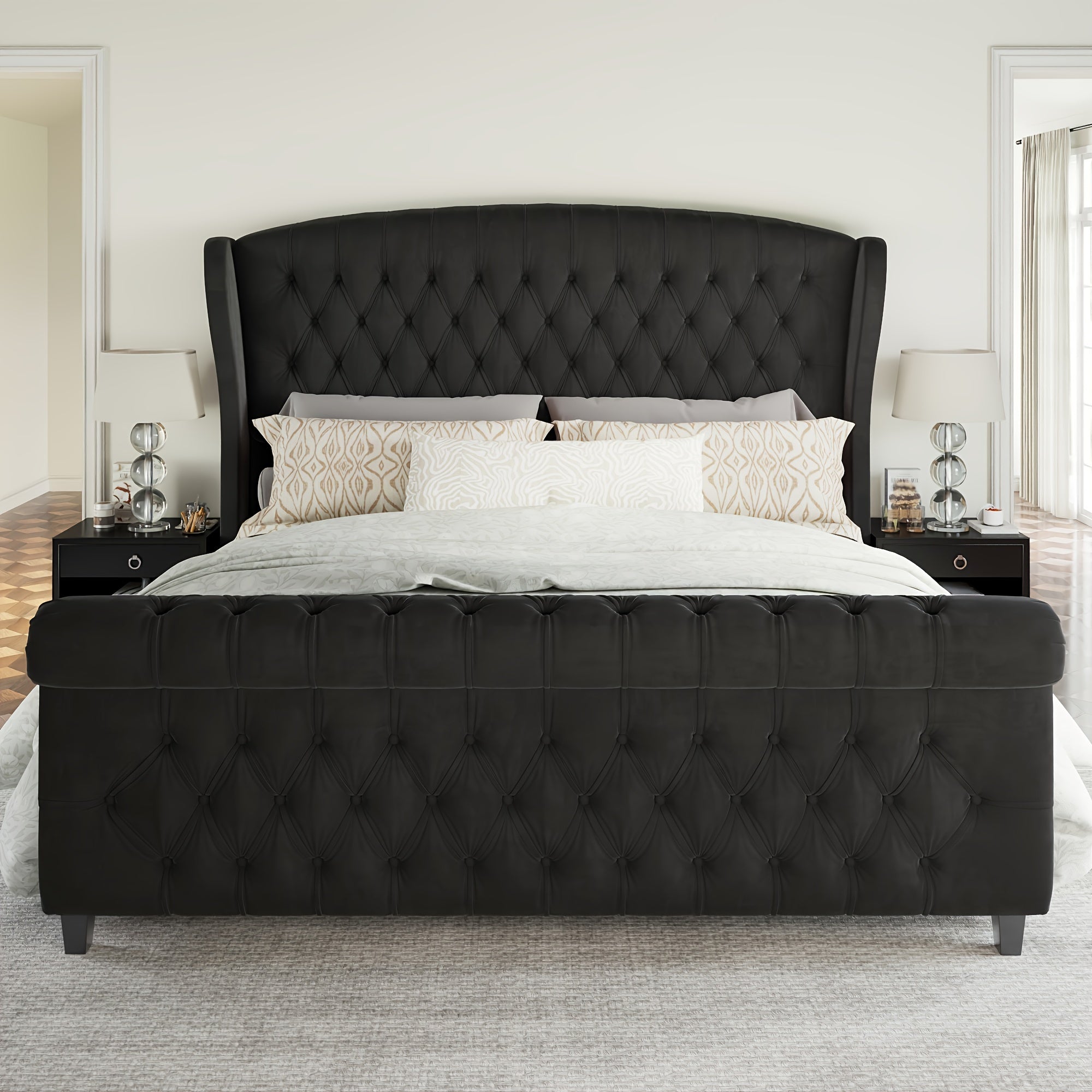 Queen Size Chenille Upholstered Platform Bed Frame with Scroll Wingback Headboard and Footboard